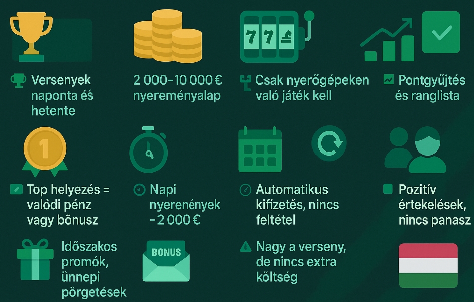 versenyek – napi és heti tornák, 2 000–10 000 euró nyereményalap, automatikus kifizetés, pontgyűjtés