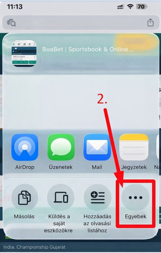 Megosztás menü – Egyebek gomb iPhone-on