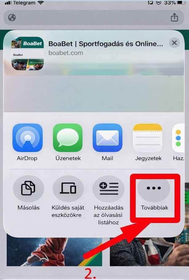 Továbbiak menü kiválasztása iPhone megosztásnál
