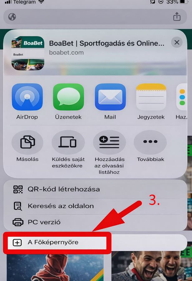 Boabet hozzáadása a Főképernyőre opció